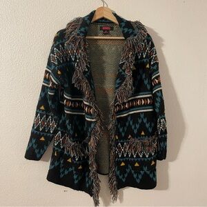 Rock & Roll Denim Womens Fringed Cardigan Sweater Open Front Black Aztec Size Sm